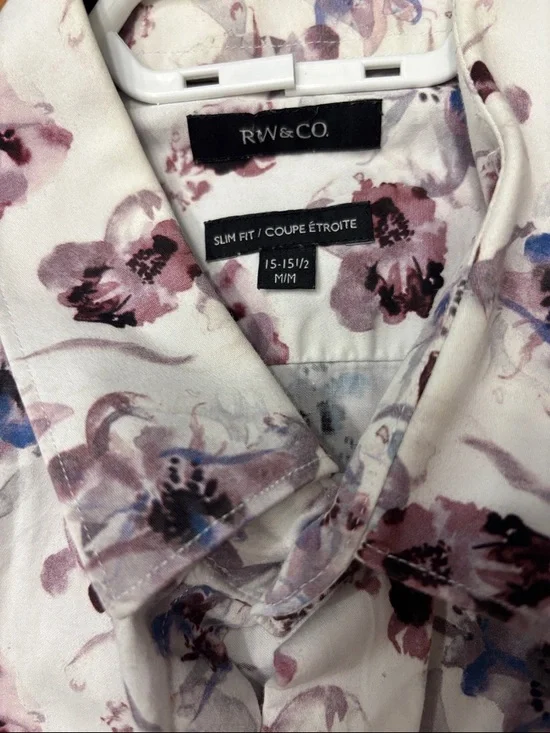 RW&CO. White Floral Dress Shirt with Purple and Blue Accents - Picture 9 of 9